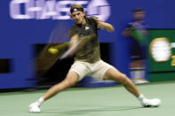 Stefanos Tsitsipas, of Greece, returns a shot against Adrian Mannarino, of France, during the second round of the US Open tennis championships, Wednesday, Sept. 1, 2021, in New York. (AP Photo/Frank Franklin II)