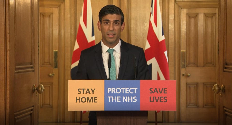 Chancellor Rishi Sunak speaks during a media briefing in Downing Street, London, on coronavirus (COVID-19). (Photo by PA Video/PA Images via Getty Images)