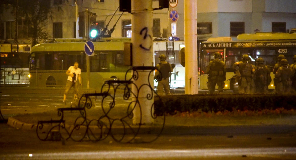 This image taken from the Associated Press Television footage filmed on Monday, Aug. 10, 2020, shows a protester recognized as Alexander Taraikovsky with a wound during a rally after the Belarusian presidential election in Minsk, Belarus, Sunday, Aug. 9. An Associated Press cameraman on Monday recorded a protester falling and then lying still. German viewed the video and confidently said it was Taraikovsky. (AP Photo/Mstyslav Chernov)