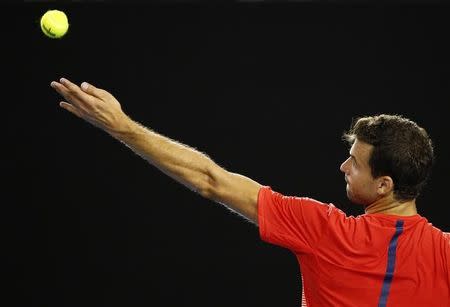 Bulgaria's Grigor Dimitrov serves during his third round match against Switzerland's Roger Federer at the Australian Open tennis tournament at Melbourne Park, Australia, January 22, 2016. REUTERS/Jason O'Brien