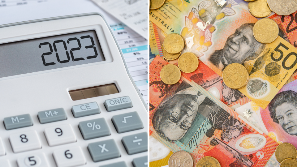 A composite image of a calculator and budget planning papers and Australian money to represent money being saved in 2023.