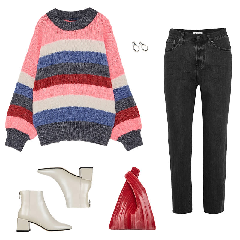 <a rel="nofollow noopener" href="https://www.zara.com/us/en/multicolored-striped-sweater-p01822105.html?v1=5179009&v2=541559%20%20" target="_blank" data-ylk="slk:Multicolored Striped Sweater, Zara, $40Balance a striped knit with voluminous sleeves by pairing with high-rise vintage-wash denim and sleek ankle boots. A colorful bag and cool earrings offer an additional pop without feeling over the top.;elm:context_link;itc:0;sec:content-canvas" class="link ">Multicolored Striped Sweater, Zara, $40<p>Balance a striped knit with voluminous sleeves by pairing with high-rise vintage-wash denim and sleek ankle boots. A colorful bag and cool earrings offer an additional pop without feeling over the top.</p> </a><a rel="nofollow noopener" href="https://rstyle.me/~afMg9%20%20" target="_blank" data-ylk="slk:The Perfect Summer Cropped High-Rise Straight-Leg Jeans, Madewell, $130Balance a striped knit with voluminous sleeves by pairing with high-rise vintage-wash denim and sleek ankle boots. A colorful bag and cool earrings offer an additional pop without feeling over the top.;elm:context_link;itc:0;sec:content-canvas" class="link ">The Perfect Summer Cropped High-Rise Straight-Leg Jeans, Madewell, $130<p>Balance a striped knit with voluminous sleeves by pairing with high-rise vintage-wash denim and sleek ankle boots. A colorful bag and cool earrings offer an additional pop without feeling over the top.</p> </a><a rel="nofollow noopener" href="http://www.viaspiga.com/Shopping/ProductDetails.aspx?p=EC2507852&pg=5255378" target="_blank" data-ylk="slk:Lara Booties, Via Spiga, $350Balance a striped knit with voluminous sleeves by pairing with high-rise vintage-wash denim and sleek ankle boots. A colorful bag and cool earrings offer an additional pop without feeling over the top.;elm:context_link;itc:0;sec:content-canvas" class="link ">Lara Booties, Via Spiga, $350<p>Balance a striped knit with voluminous sleeves by pairing with high-rise vintage-wash denim and sleek ankle boots. A colorful bag and cool earrings offer an additional pop without feeling over the top.</p> </a><a rel="nofollow noopener" href="https://click.linksynergy.com/deeplink?id=30KlfRmrMDo&mid=37385&murl=https%3A%2F%2Fwww.modaoperandi.com%2Fhayward-r18%2Frolled-velvet-mini-shopper" target="_blank" data-ylk="slk:Rolled Velvet Mini Shopper, Hayward, $590Balance a striped knit with voluminous sleeves by pairing with high-rise vintage-wash denim and sleek ankle boots. A colorful bag and cool earrings offer an additional pop without feeling over the top.;elm:context_link;itc:0;sec:content-canvas" class="link ">Rolled Velvet Mini Shopper, Hayward, $590<p>Balance a striped knit with voluminous sleeves by pairing with high-rise vintage-wash denim and sleek ankle boots. A colorful bag and cool earrings offer an additional pop without feeling over the top.</p> </a>