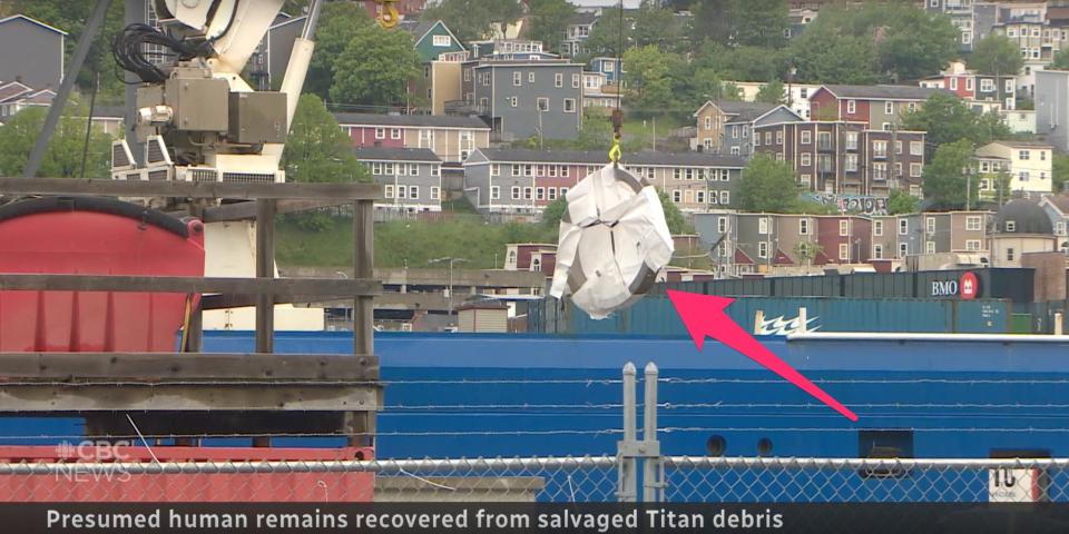 An annotated picture of the titanium structural rings pulled from the wreckage of the Titan submersible.