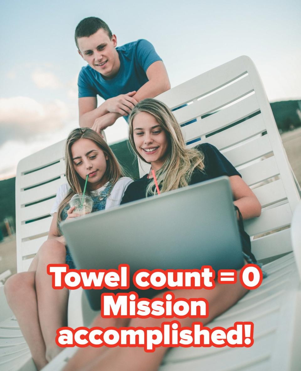 Three people looking at a laptop with the caption, "Towel count = 0 Mission accomplished!"