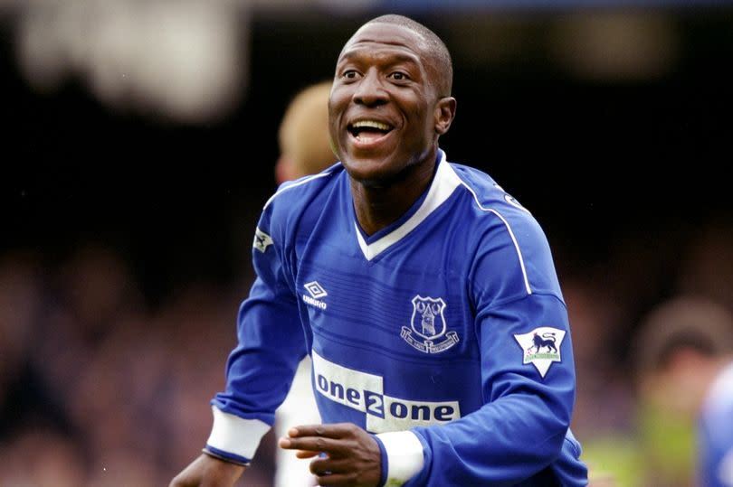 8 May 1999:  Kevin Campbell of Everton celebrates one of his three goals in the FA Carling Premiership match against West Ham United at Goodison Park in Liverpool, England. Everton won 6-0. \ Mandatory Credit: Clive Brunskill /Allsport
