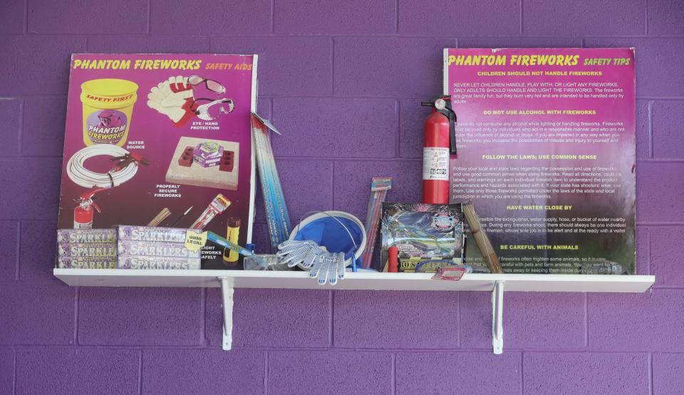 A safety display on the entrance wall at Phantom Fireworks in Canton.