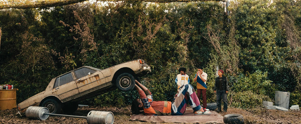 Jerome as Cootie, pictured bench-pressing a car alongside his new friends Scat (Allius Barnes), Felix (Brett Gray) and Jones (Kara Young).