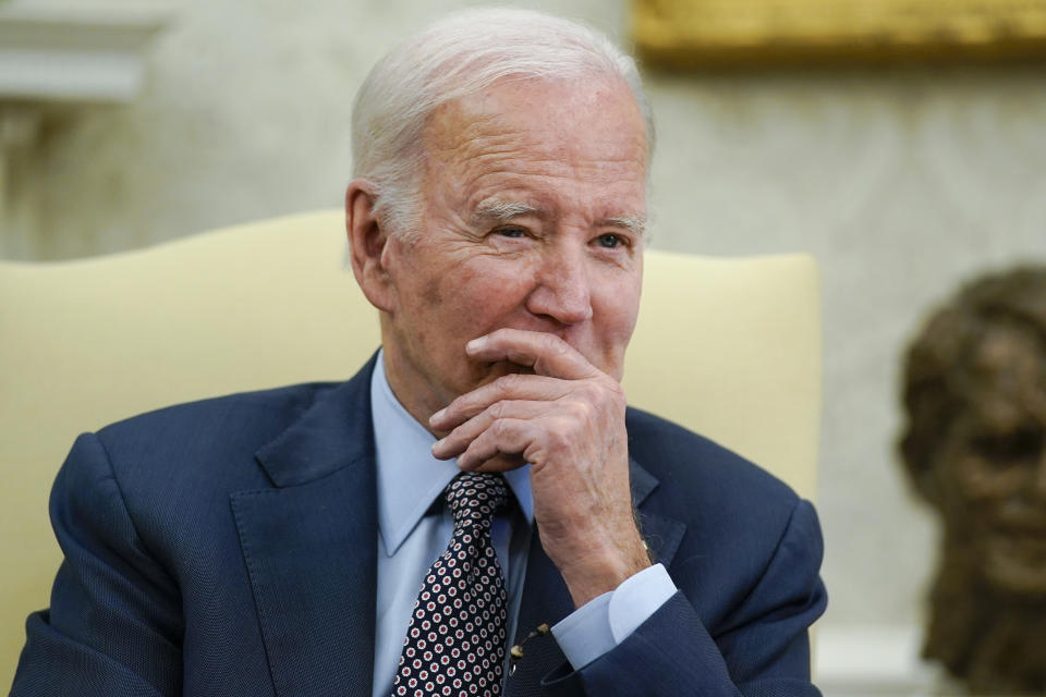 FILE - President Joe Biden listens as he meets with House Speaker Kevin McCarthy of California to discuss the debt limit in the Oval Office of the White House, May 22, 2023, in Washington.  A federal prosecutor hired by President Joe Biden to become a U.S. district judge in Kansas has withdrawn from consideration, citing the nearly two-year wait for his nomination.  Jabari Wamble is Biden's second judicial nominee to step down this month.  (AP Photo/Alex Brandon)