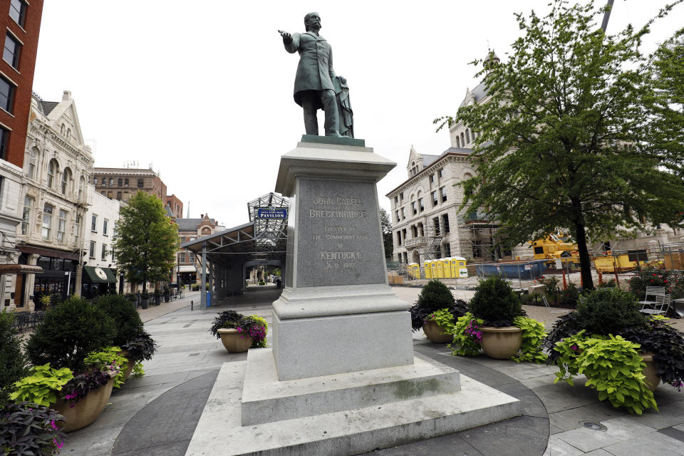 <p>A monument to John C. Breckinridge, the 14th Vice President of the U.S.A. and a civil war era slave owner, stands in the Pavilion where at one time slaves were sold, ear the old Historic Lexington Courthouse Aug. 14, 2017 in Lexington, Ky. The Mayor of Lexington, Jim Gray, announced he has vowed to remove the statue, along with a statue of John Hunt Morgan which also stands at the courthouse, following the recent events in Charlottesviille, Virginia. Gray tweeted, “We cannot let them define our future.” (Photo: Bill Pugliano/Getty Images) </p>