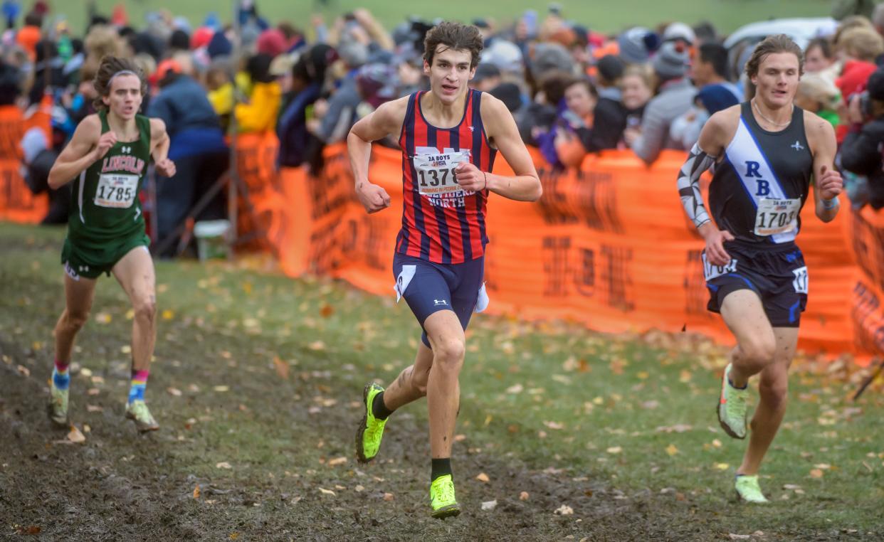 Belvidere North's Evan Horgan runs to a fourth-place finish to lead his team to a second-place finish in the Class 2A boys state cross-country meet Saturday, Nov. 5, 2022 at Detweiller Park in Peoria.