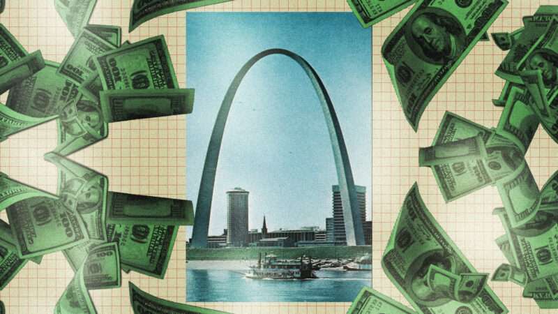 The St. Louis Arch, surrounded by falling money.
