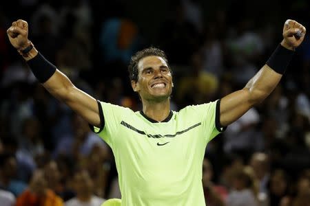 Mar 29, 2017; Miami, FL, USA; Rafael Nadal of Spain celebrates after his match against Jack Sock of the United States (not pictured) on day nine of the 2017 Miami Open at Crandon Park Tennis Center. Nadal won 6-2, 6-3. Mandatory Credit: Geoff Burke-USA TODAY Sports0