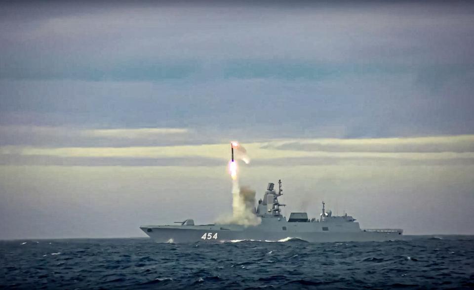 A new Zircon hypersonic cruise missile is launched by the frigate Admiral Gorshkov of the Russian navy from the Barents Sea (AP)