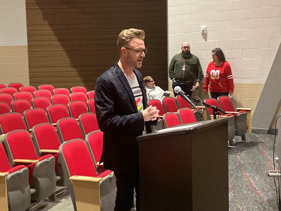 Ryan Wynia, a parent in the Big Walnut school district in Delaware County, speaks against a school board resolution that would prevent LGBTQ+ flags in classrooms during a board meeting on Thursday, Dec. 14, 2023.