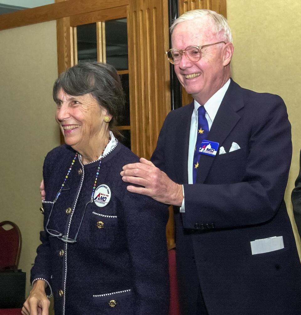 Amo Houghton was joined by his wife Priscilla at the Radisson Hotel Corning in 2000 when he announced his plans to run for re-election that year. Priscilla passed away in 2012. [THE LEADER FILES]