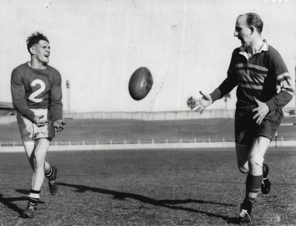 Lewis Jones, right, on Britain's rugby league team in Australia in 1954