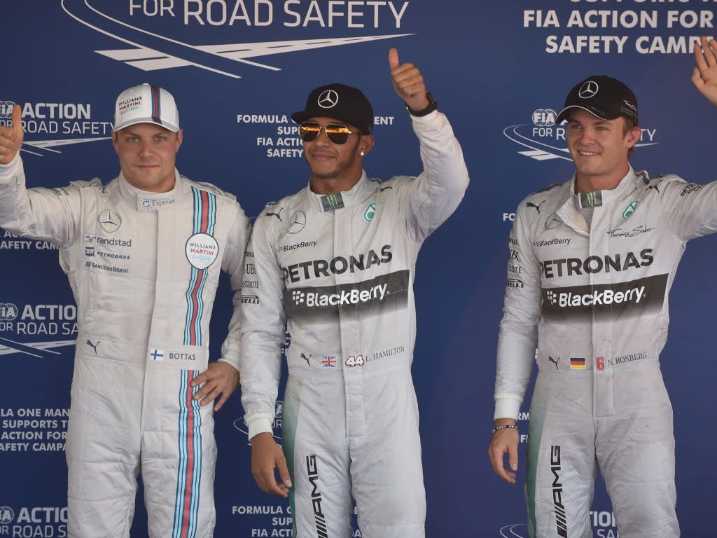 Lewis Hamilton (centre) has labelled Valtteri Bottas (left) as his best teammate  (Getty Images)
