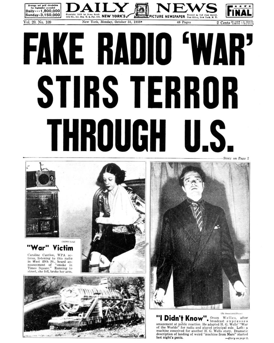 <p>On October 30, 1938, Orson Welles's radio broadcast of the H.G. Wells novel <em>War of the Worlds</em> <span class="redactor-invisible-space">caused mass panic among listeners who believed Earth really had been invaded by Martians. </span></p>