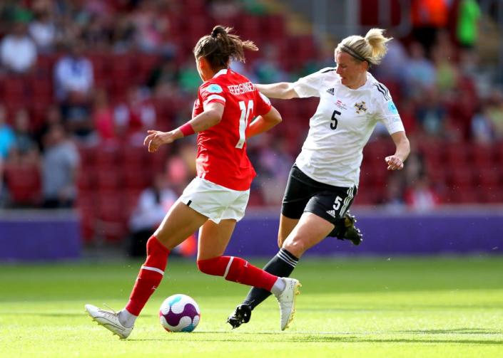 Northern Ireland’s Julie Nelson (right) in action (Kieran Cleeves/PA) (PA Wire)