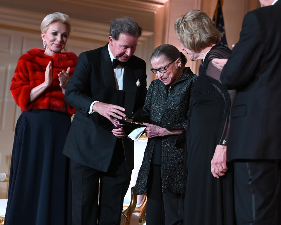 (L-R) Julie Opperman, Chairman of the Dwight D. Opperman Foundation; John Studzinski, CBE, Award Chairman; Justice Ruth Bader Ginsburg; and Agnes Gund at the Justice Ruth Bader Ginsburg Woman of Leadership Award ceremony at The Library of Congress on February 14, 2020 in Washington, DC. (Shannon Finney/Getty Images)