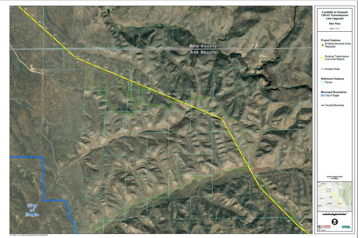 A segment of 35-mile-long transmission line that Idaho Power plans to rebuild. The line, which carries electricity, stretches north from the Boise River in Southeast Boise and west into Gem County. 