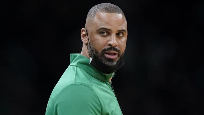 Boston Celtics head coach Ime Udoka speaks from the bench during the first half of an NBA basketball game against the Charlotte Hornets in February in Boston. The Celtics have suspended Udoka for a full year because of an improper relationship with a member of the organization.(Photo: Steven Senne/AP, File)