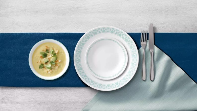 Corelle's 16-piece, classic Delano set is the perfect match for a family of four.