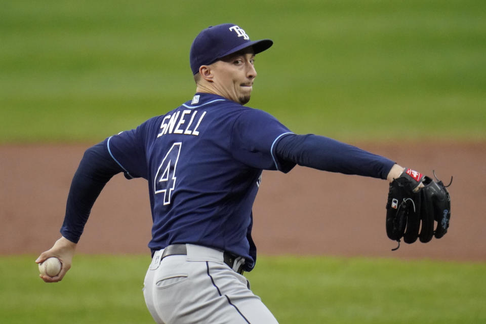 Tampa Bay Rays starting pitcher Blake Snell throws a pitch to the Baltimore Orioles during the first inning of a baseball game, Thursday, Sept. 17, 2020, in Baltimore. (AP Photo/Julio Cortez)