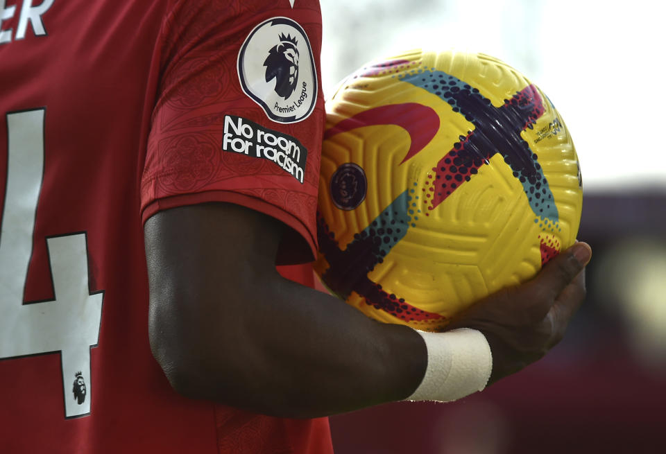 FILE - A player has a "No room for racism" badge on his sleeve which worn by players during the English Premier League soccer match between Nottingham Forest and Leeds United at City ground in Nottingham, England, Sunday, Feb. 5, 2023. (AP Photo/Rui Vieira, File)