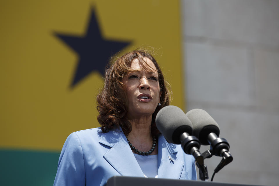 U.S. Vice President Kamala Harris addresses youth gathered on Black Star square in Accra, Ghana, Tuesday March 28, 2023. Harris is on a seven-day African visit that will also take her to Tanzania and Zambia. (AP Photo/Misper Apawu, Pool)