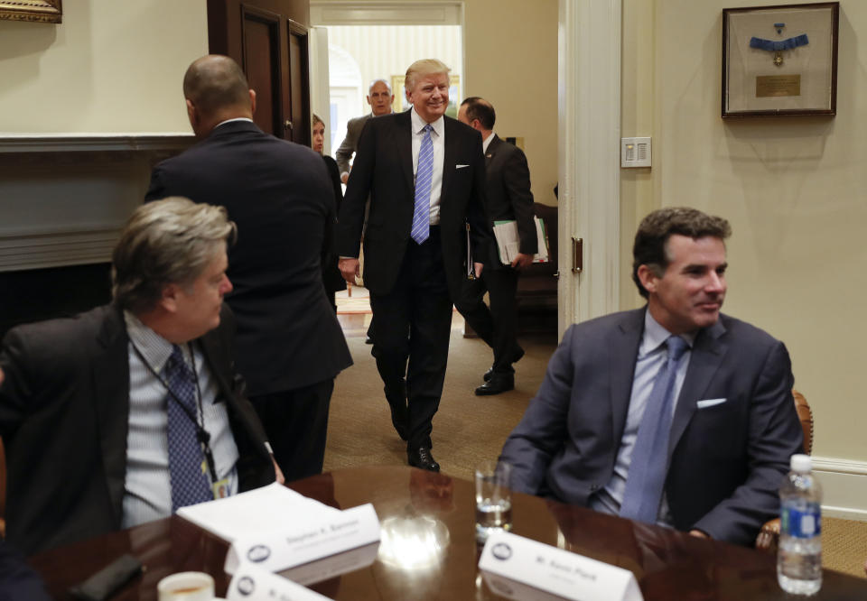 Under Armour CEO Kevin Plank waits to meet with President Donald Trump and adviser Steve Bannon on Jan. 23, 2017 at the White House. (AP)