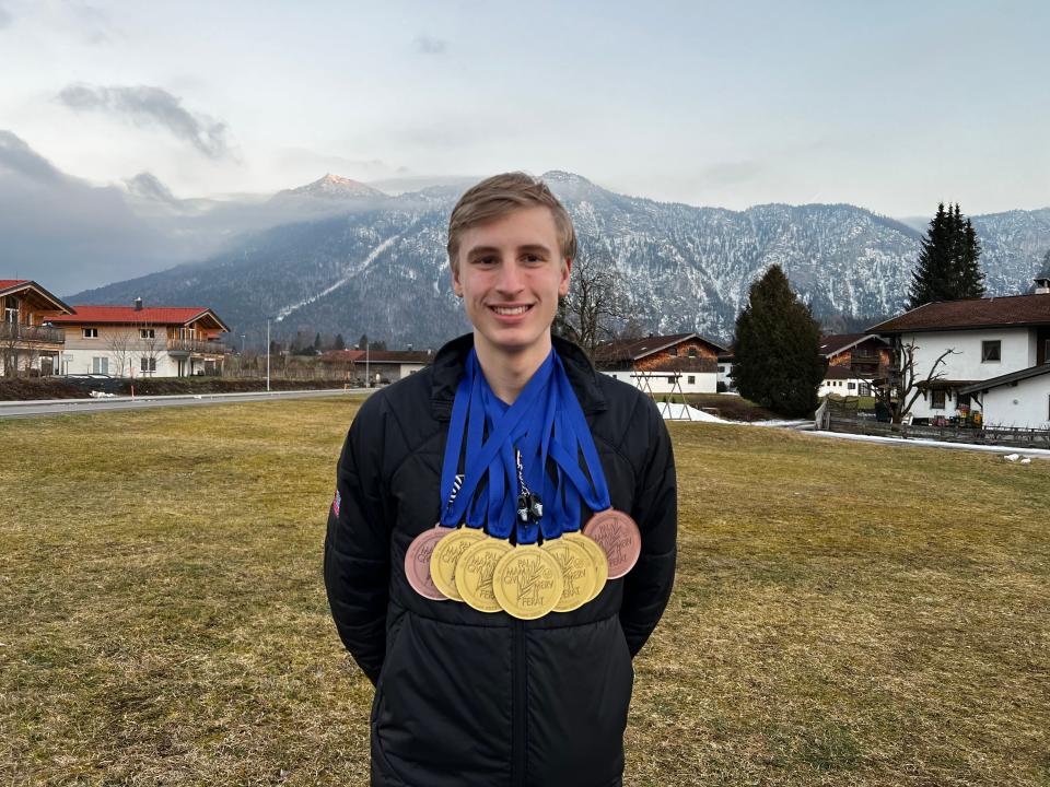 Jordan Stolz won seven speed skating medals in 2023 in the ISU Junior World Championships in Inzell, Germany.