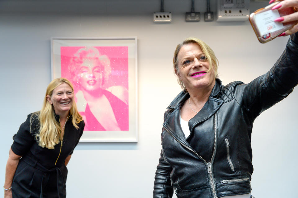 LONDON, ENGLAND - SEPTEMBER 24: Rachel Tackley, Creative Director of Riverside Studios, and Eddie Izzard attend the "Icons" exhibition press view in conjunction with Art Hound Gallery at Riverside Studios on September 24, 2020 in London, England. (Photo by Nicky J Sims/Getty Images)