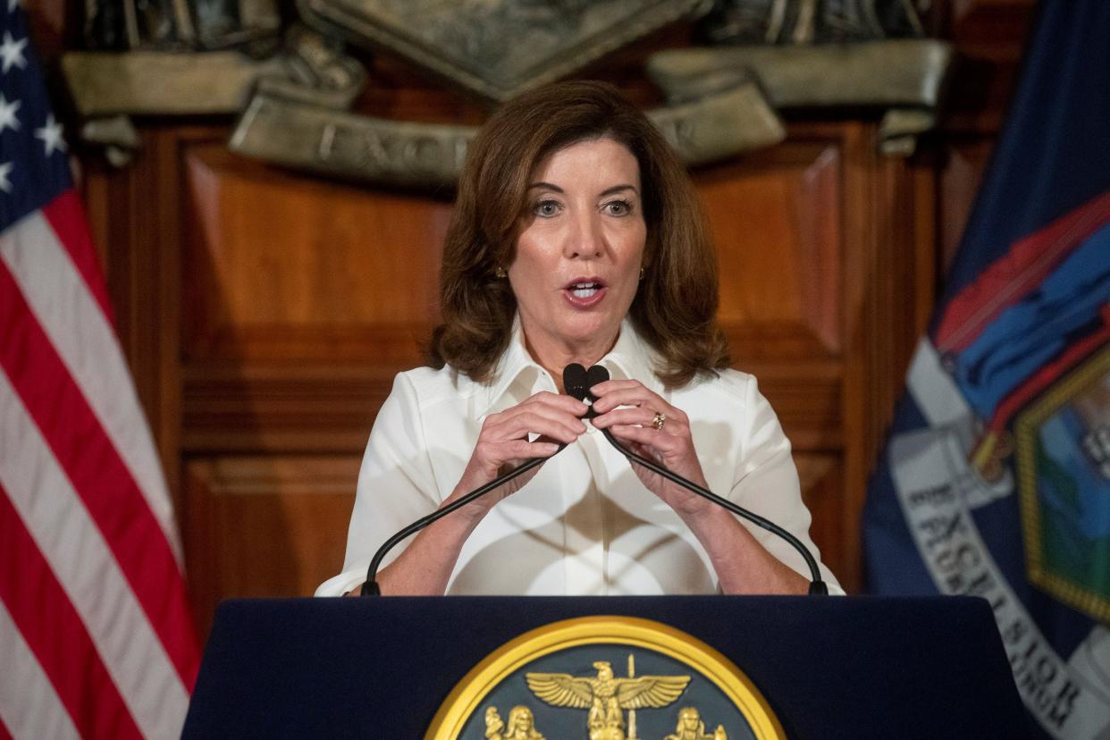 New York Governor Kathy Hochul speaks to the media after taking part in a swearing-in ceremony to become New York State's 57th and first woman governor, in the Red Room at the New York State Capitol, in Albany, New York, August 24, 2021. (Eduardo Munoz/Reuters)