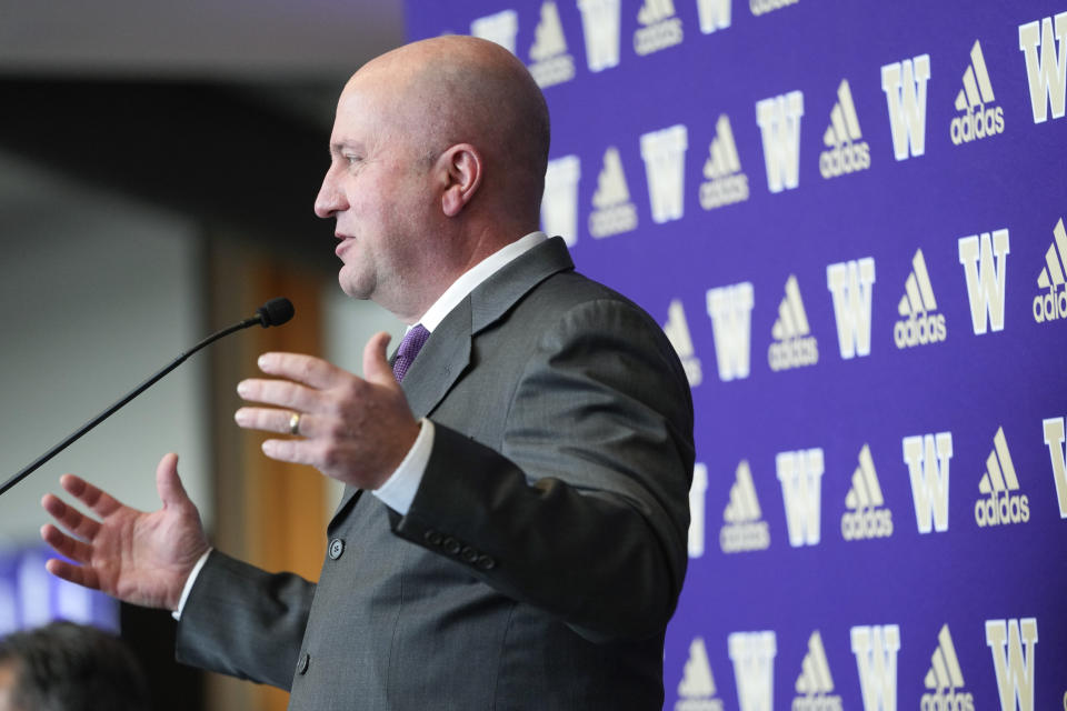 Washington athletic director Troy Dannen speaks before introducing new Washington head coach Jedd Fisch during an NCAA college football press conference Tuesday, Jan. 16, 2024, in Seattle. (AP Photo/Lindsey Wasson)