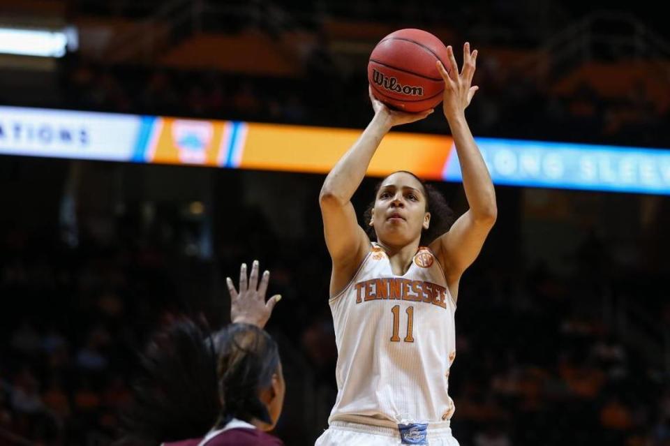 KNOXVILLE,TN - FEBRUARY 01, 2015 - Cierra Burdick #11 of the Tennessee Lady Volunteers during the game between the Mississippi State Bulldogs and the Tennessee Lady Volunteers at Thompson Boling Arena in Knoxville, TN. Photo By Donald Page/Tennessee Athletics