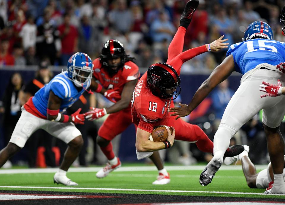 Texas Tech quarterback Tyler Shough (12) scores a touchdown against Mississippi.
