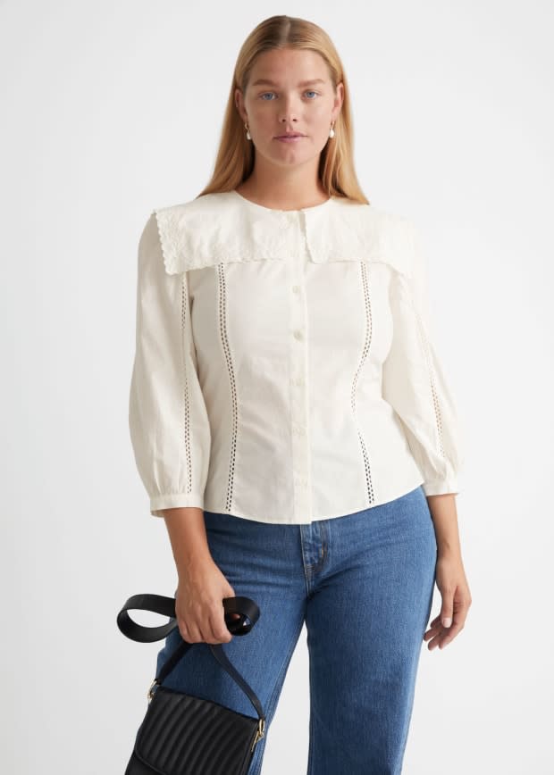 <p>& Other Stories Scalloped Statement Collar Blouse, $69, <a href="https://rstyle.me/+_3W7i_zZXyp9TZr6kxdItg" rel="nofollow noopener" target="_blank" data-ylk="slk:available here;elm:context_link;itc:0;sec:content-canvas" class="link ">available here</a> (sizes 0-12).</p>