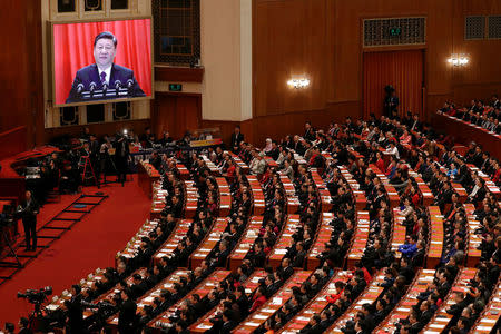 Chinese President Xi Jinping delivers his speech at the closing session of the National People's Congress (NPC) at the Great Hall of the People in Beijing, China March 20, 2018. REUTERS/Damir Sagolj