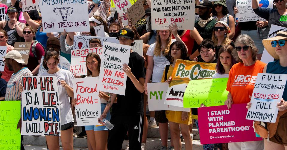 Abortion rights protestors chant on the steps of the Alabama state capitol building during a rally and march on the capitol in Montgomery, Ala., on June 26, 2022. Over 150 protestors showed up to protest the overturning of Roe v Wade by the U.S. Supreme Court.