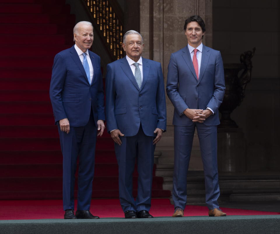 President Joe Biden, Mexican President Andres Manuel Lopez Obrador, and Canadian Prime Minister Justin Trudeau meet at the 10th North American Leaders' Summit at the National Palace in Mexico City, Tuesday, Jan. 10, 2023. (Adrian Wyld/The Canadian Press via AP)