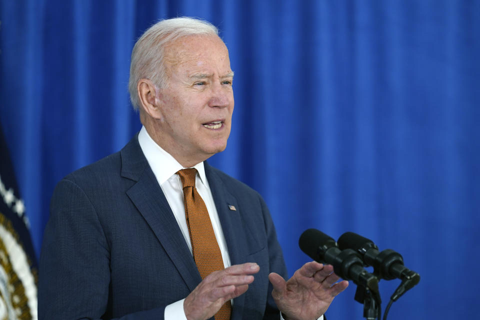 President Joe Biden talks about the May jobs report from the Rehoboth Beach Convention Center in Rehoboth Beach, Del., Friday, June 4, 2021. (AP Photo/Susan Walsh)