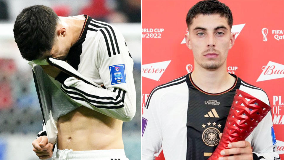 Pictured here, Kai Havertz poses for photos with his man-of-the-match trophy despite the bitter disappointment of Germany's World Cup exit.