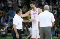 2016 Rio Olympics - Basketball - Semifinal - Men's Semifinal Spain v USA - Carioca Arena 1 - Rio de Janeiro, Brazil - 19/8/2016. Pau Gasol (ESP) of Spain talks with coach Mike Krzyzewski (USA) of the USA after the game. REUTERS/Shannon Stapleton