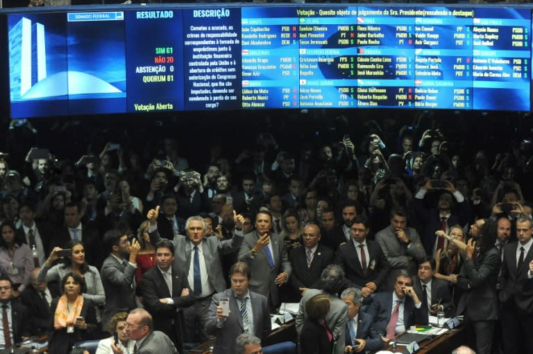 Panel detaling the voting in the impeachment trial of suspendend President Dilma Rousseff in the Brazilian senate in Brasilia, on August 31, 2016