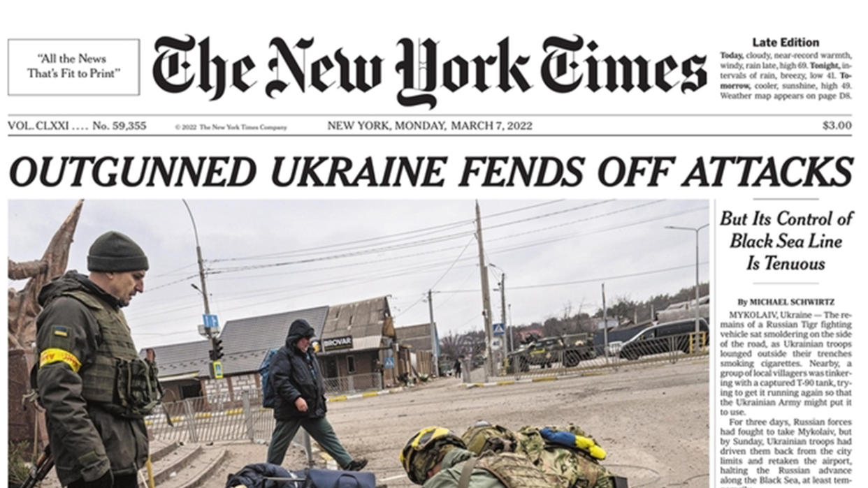 A portion of the New York Times front page on March 7, 2022 with Lyndsey Addario's photo.