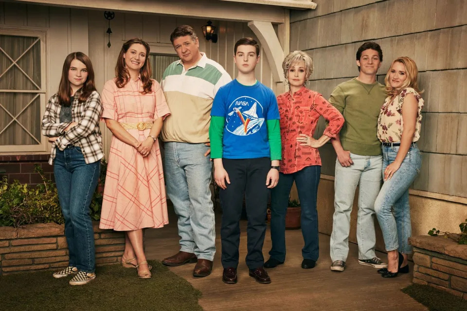 young sheldon season 7's iain armitage as sheldon, zoe perry as mary, lance barber as george, raegan revord as missy, montana jordan as georgie, annie potts as meemaw, emily osment as mandy