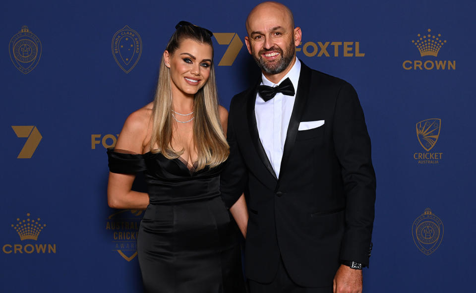 Nathan Lyon and wife Emma, pictured here at the 2024 Cricket Australia Awards.