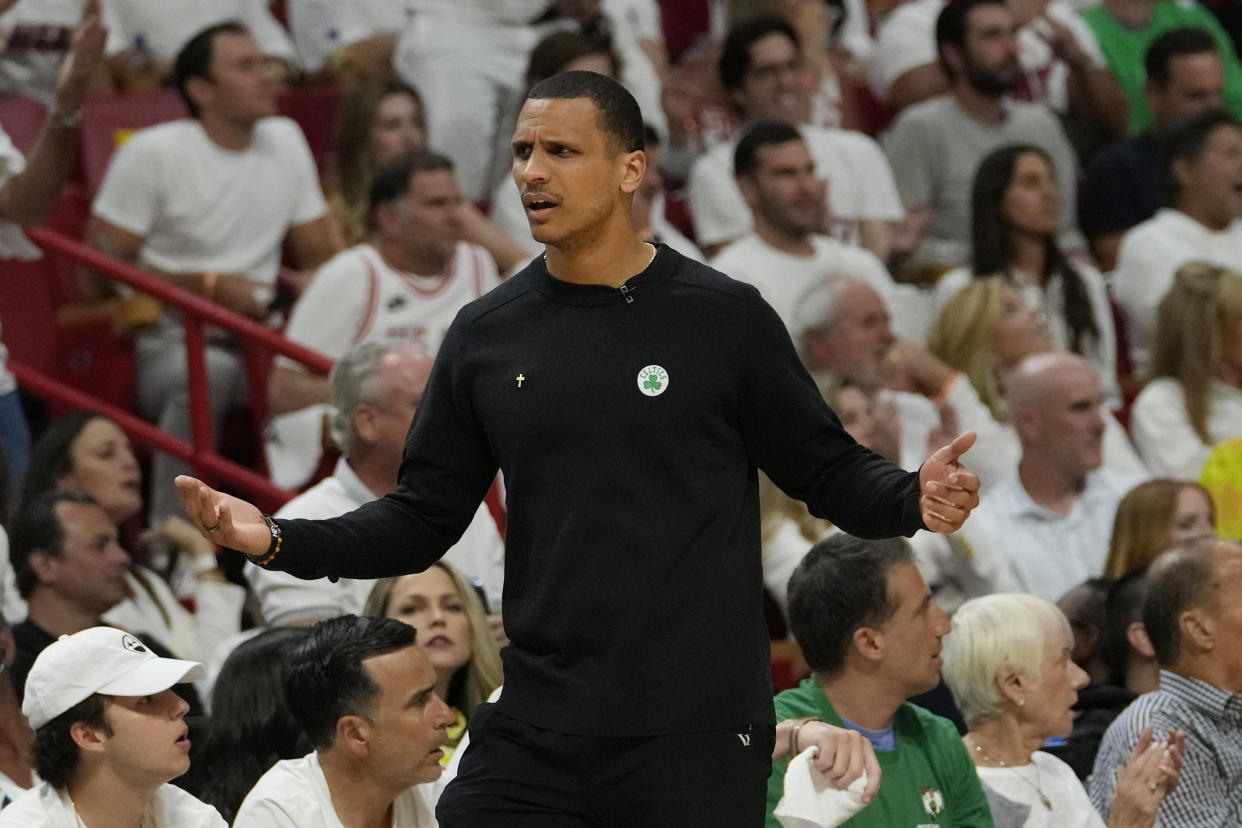 Boston Celtics head coach Joe Mazzulla reacts to a call during the first half of Game 3 of the NBA basketball playoffs Eastern Conference finals against the Miami Heat, Sunday, May 21, 2023, in Miami. (AP Photo/Lynne Sladky)