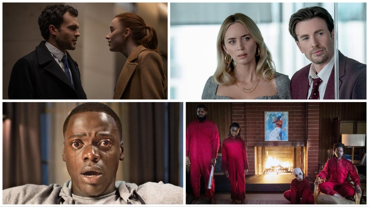 Clockwise from top left: Fair Play (Netflix), Pain Hustlers (Netflix), Us (Universal), Get Out (Universal)